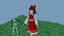 a girl in a red and white dress is standing in a field