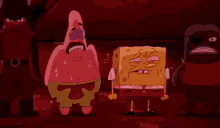 a cartoon of spongebob and patrick standing next to each other with spongebob crying