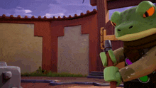 a frog is holding a cane and a gun
