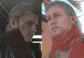 a man with a scarf around his neck is next to another man with a bandage on his face
