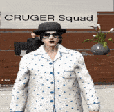 a man wearing a hat and glasses in front of a sign that says cruger squad