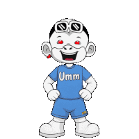 a cartoon character wearing a blue shirt with the word umm on it