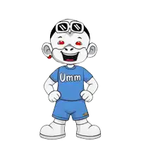 a cartoon character wearing a blue shirt with the word umm on it