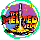 a colorful logo for the melted jedi with a lightsaber in the center