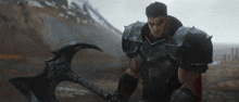 a man in armor holds a large axe