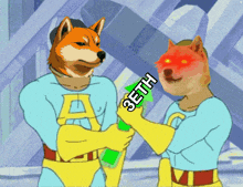 a cartoon of a dog holding a green object with the word zeth on it