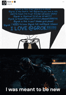a drawing of a man with a speech bubble saying i love grok