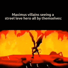 a cartoon of a devil with wings standing in front of a fire .