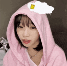 a girl in a pink hoodie has a thought bubble above her head