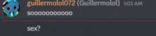 a screenshot of a conversation between guillermololo72 and guillermolol at 1:03 am