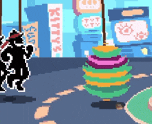a pixel art illustration of a cat dancing in front of a colorful christmas tree .