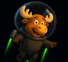 a cartoon moose is wearing a space suit and flying through the air