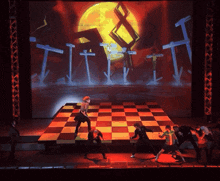 a group of people are dancing on a stage with a large screen behind them that says " jesus "