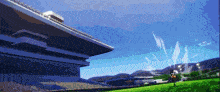 a person running in front of a stadium with a blue sky in the background