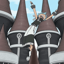 a cartoon character is hanging from a tower with his arms in the air