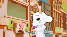 a cartoon character is standing in front of a building that says hotel