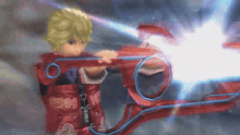 a video game character is holding a red sword with a blue ring around it