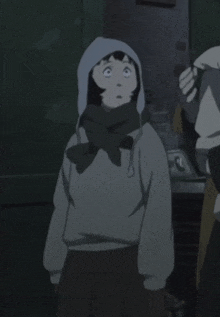 a cartoon character wearing a scarf and a hood