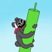 a cartoon of a bear holding a green cylinder