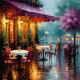 a painting of tables and chairs outside of a restaurant on a rainy day