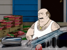 a man in a white tank top with a gold chain around his neck is standing next to a car