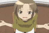 a girl in a green shirt has her arms outstretched and a sad look on her face