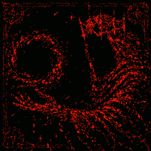 a black background with red dots and a circle in the middle