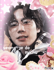 a picture of a man with glasses and the words seong-je de michu on the bottom