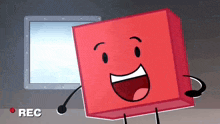 a cartoon character is standing in front of a window and smiling .
