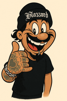 a cartoon character wearing a beanie that says blazord on it