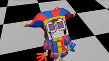 a robotic jester is laying on a checkered tile floor