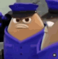a cartoon character is wearing a blue hat and a purple uniform .