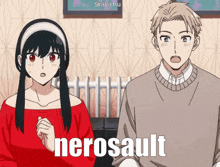 a man and a woman standing next to each other with nerosault written on the bottom right