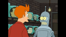 fry and bender from futurama are standing next to each other and looking at each other