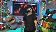 a man in a black shirt is standing in front of a screen that shows a graph