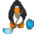 a penguin is holding a mop and a bucket