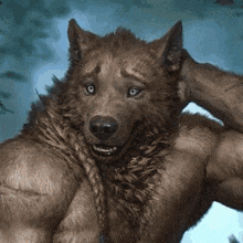 a close up of a werewolf with muscles scratching his head and smiling .