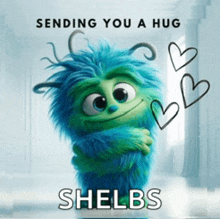 a picture of a stuffed animal with the words sending you a hug shelbs on it