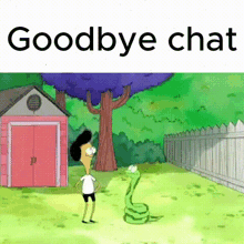 a cartoon of a man standing next to a snake in a backyard .