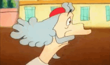 a cartoon character with gray hair and a red hat