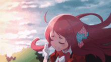 a girl with pink hair and a bow on her ear