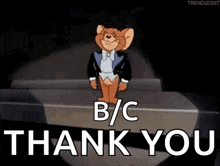 jerry from tom and jerry is wearing a tuxedo and standing on a stage .