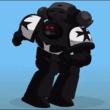 a black robot with white stars on the arms is dancing on a blue background .