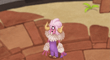 a pixel art drawing of a purple monster with horns and feathers