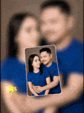 a blurry picture of a man and a woman in blue shirts with the letters ac on the bottom