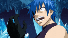 a blue haired anime character with a black glove on