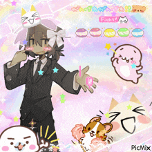 a cartoon of a man in a suit with a cat on his head and the words fight on the bottom right