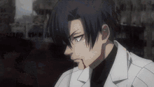 a man with a bloody nose is wearing a white coat and black turtleneck .