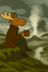 a cartoon moose is sitting on a hill drinking a cup of coffee