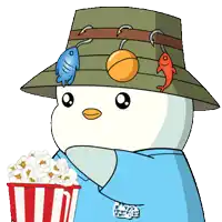 a cartoon penguin wearing a hat with hooks and a bucket of popcorn